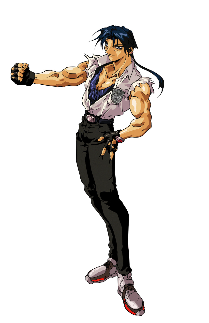 1boy 90s animated animated_gif armor blonde_hair blue_hair choujin_gakuen_gowcaizer full_body game gowcaizer highres kaiza_isato male male_focus muscle oldschool oobari_masami power_suit solo transformation