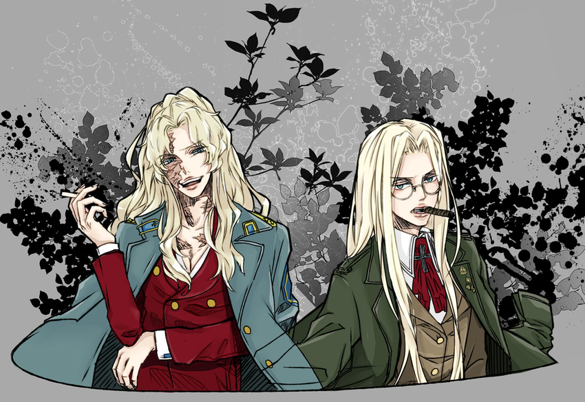 balalaika_(black_lagoon) black_lagoon blonde_hair blue_eyes breasts cigar cleavage coat crossover glasses hellsing integra_hellsing karaage_gohann long_hair medium_breasts mole mole_under_eye multiple_girls overcoat scar semi-rimless_eyewear smoking under-rim_eyewear