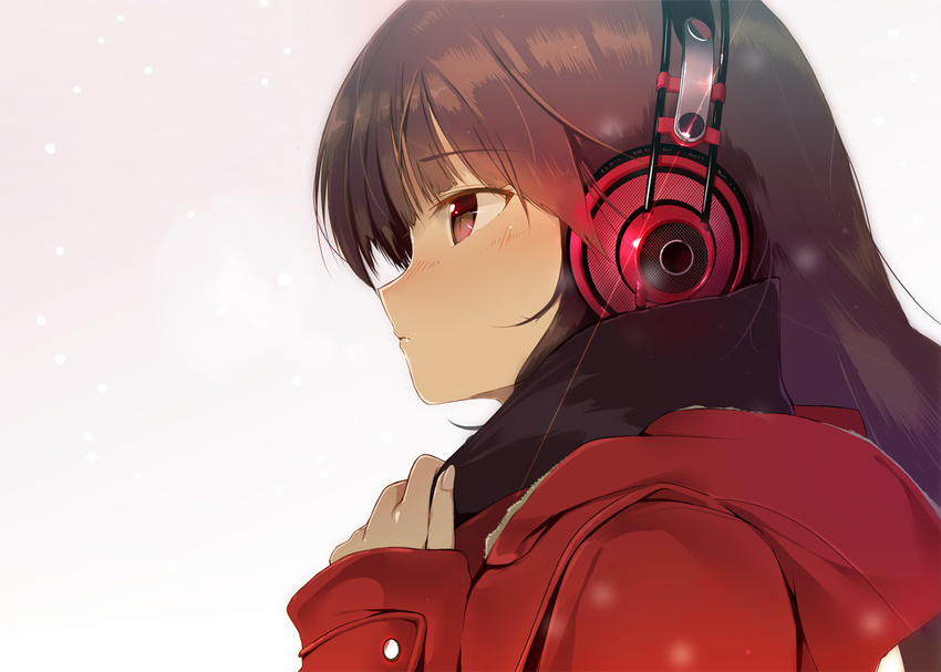 akg bangs blush brown_eyes brown_hair coat from_side headphones k701 long_hair machimura_komori original profile red_coat simple_background solo