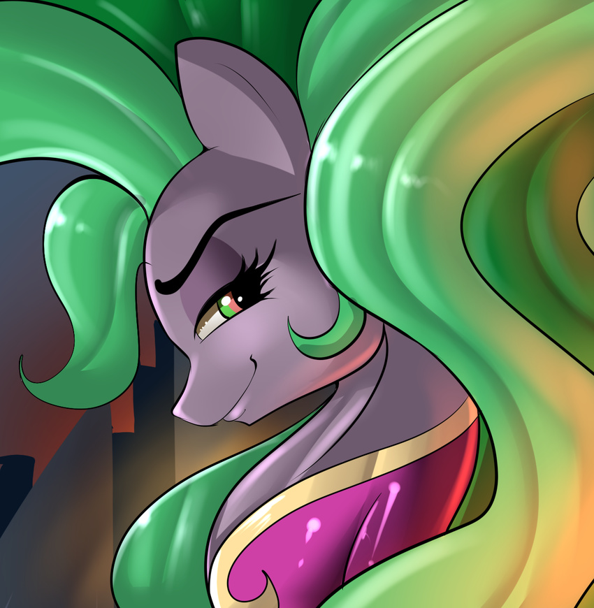 bodysuit clothed clothing equine female friendship_is_magic fur green_eyes green_hair hair horse mammal mane-iac_(mlp) my_little_pony pony portrait purple_fur skinsuit skyline19 smile solo