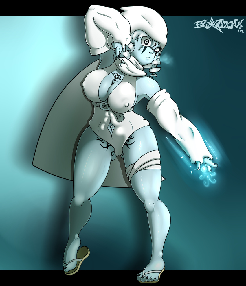anthro armpits belt blaqink blue_skin breasts camel_toe cape clothed clothing female frost hair hood human magic mammal navel pose sandals sleeves solo tattoo toes white_hair