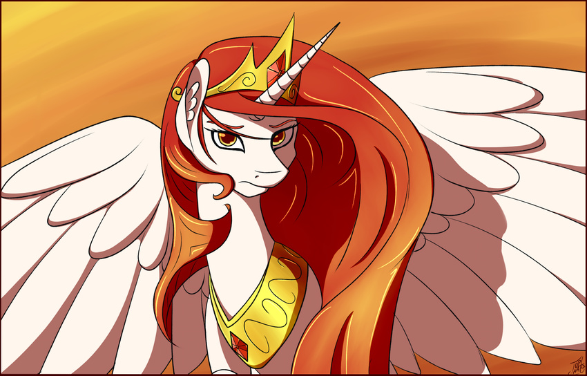 crown equine female friendship_is_magic gold hair horn horse looking_at_viewer mammal my_little_pony necklace orange_theme pony princess_celestia_(mlp) red_hair solo tlatophat warm_colors winged_unicorn wings yellow_eyes