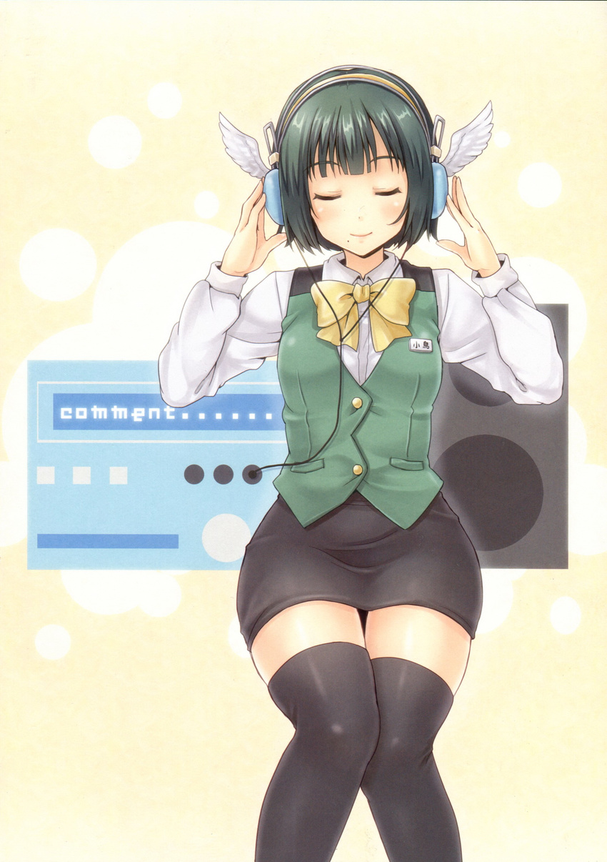 absurdres black_legwear bow bowtie closed_eyes green_hair hands_on_headphones headphones highres idolmaster idolmaster_(classic) k.y_ko miniskirt mole mole_under_mouth otonashi_kotori pencil_skirt scan short_hair sitting skirt solo thighhighs vest zettai_ryouiki