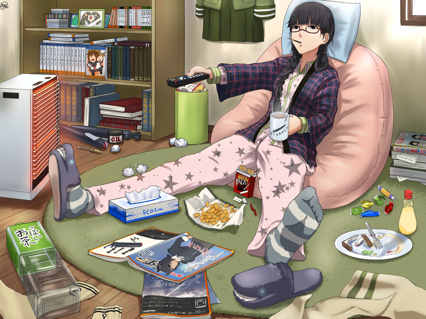 bean_bag_chair bedroom book bookshelf braid brand_name_imitation candy_wrapper controller cup fluffy_legwear food fork glasses hair_over_shoulder heater highres houshou_(kantai_collection) inazuma_(kantai_collection) indoors kantai_collection kitakami_(kantai_collection) magazine messy_room mouth_hold mug noica ooi_(kantai_collection) open_magazine pajamas plate pocky print_pajamas remote_control ro-class_destroyer shouhou_(kantai_collection) single_braid slippers socks solo squeeze_bottle star star_print striped striped_legwear tenryuu_(kantai_collection) tissue_box torpedo trash_can