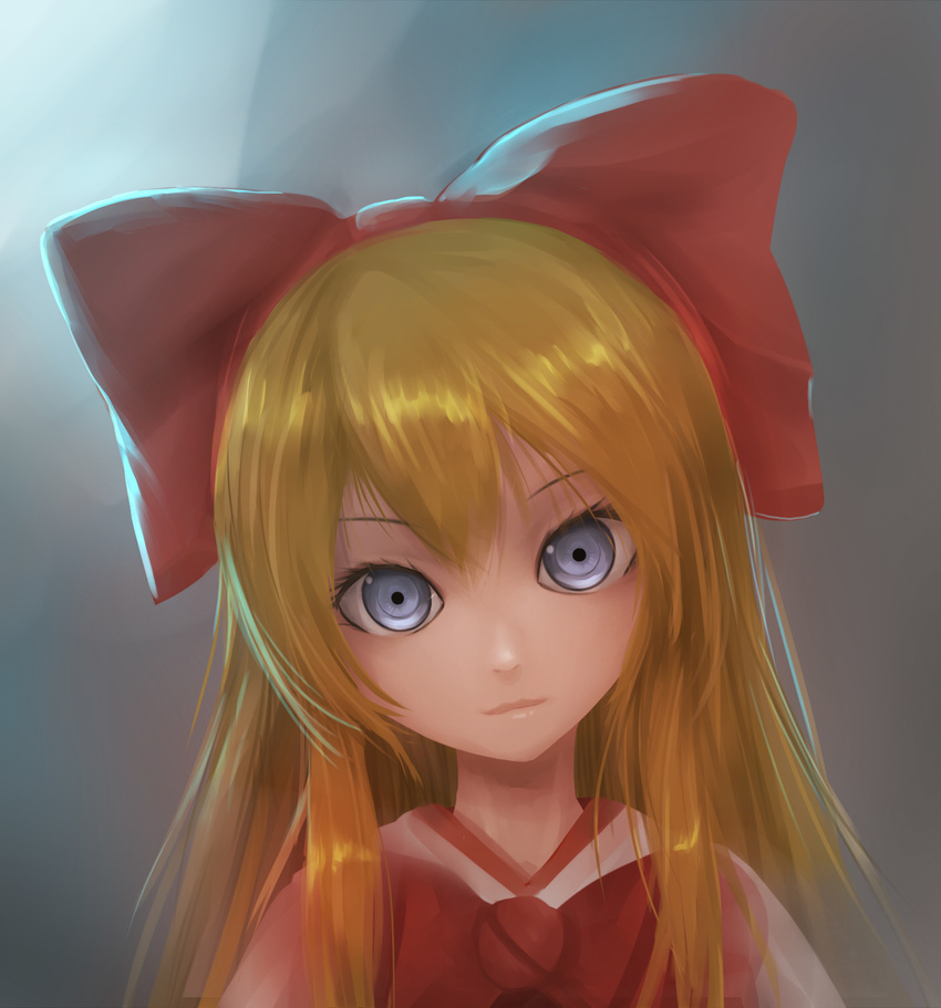 bad_id bad_pixiv_id bai_yemeng blonde_hair blue_eyes bow close-up doll face hair_bow hairband head_tilt highres light_smile long_hair looking_at_viewer portrait shanghai_doll solo touhou