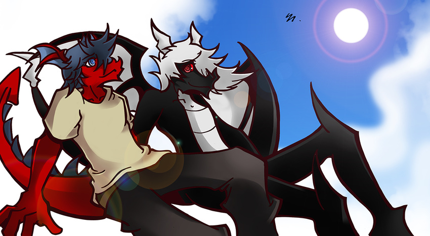 black_scales blue_eyes blue_hair dragon duo gay hair male maxxy mcbain red_eyes red_scales relight sky white_hair wings