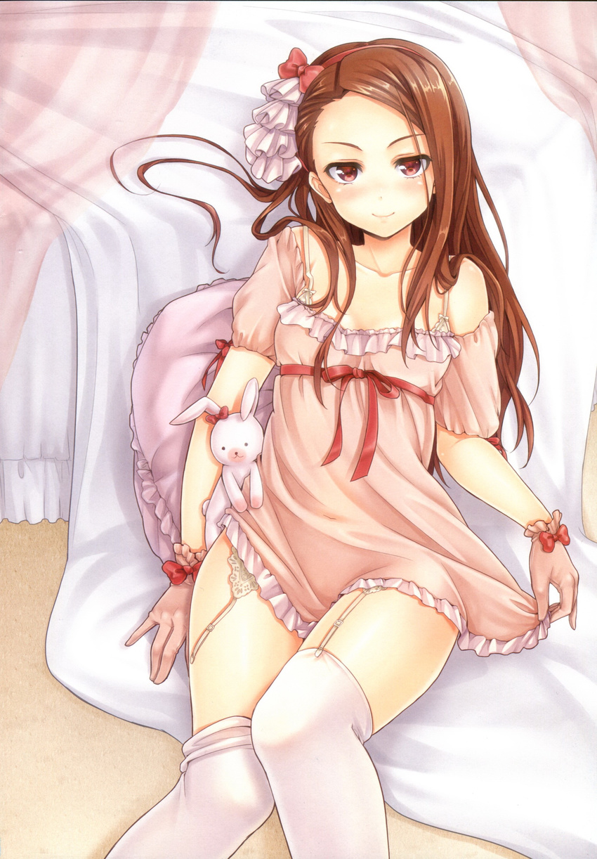 absurdres bare_shoulders blush bow bra_strap brown_eyes brown_hair curtains forehead garter_belt gloves hair_bow highres idolmaster idolmaster_(classic) jitome k.y_ko lingerie long_hair looking_at_viewer loose_thighhigh lying minase_iori off_shoulder pillow ribbon scan seductive_smile smile solo stuffed_animal stuffed_bunny stuffed_toy thighhighs thighs underwear