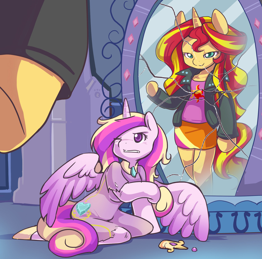 anthro clothed clothing ende equestria_girls equine friendship_is_magic green_eyes hair horn horse jacket mammal multi-colored_hair my_little_pony pony princess_cadance_(mlp) purple_eyes royalty smile suggestive sunset_shimmer_(eg) two_tone_hair unicorn winged_unicorn wings