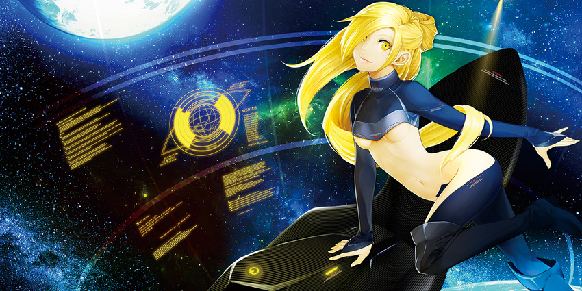 album_cover arched_back ass blonde_hair bodysuit boots breasts bridal_gauntlets cover crotch_plate glowing hair_over_one_eye hips holographic_interface leg_up legs light_smile lips midriff navel original outstretched_arm pilot_chair planet poaro revealing_clothes small_breasts solo space star_(sky) texture underboob yellow_eyes