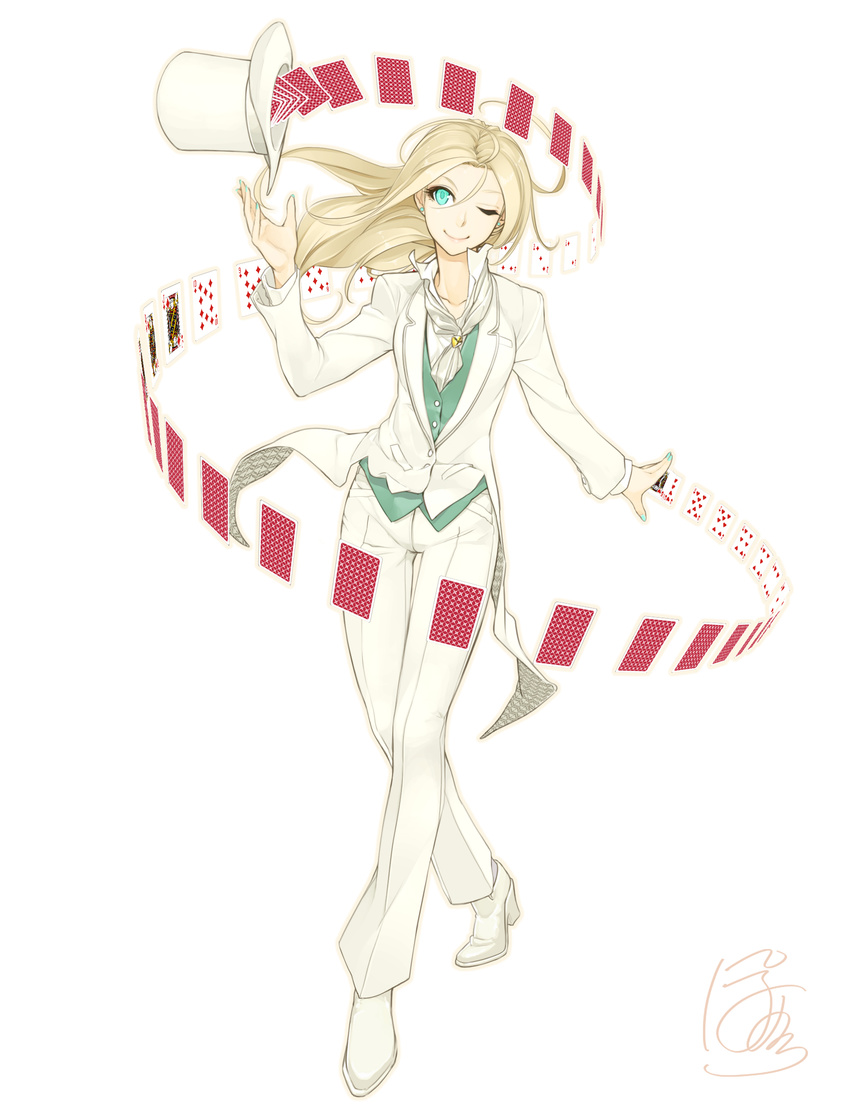 absurdres ascot blonde_hair card crossed_legs earrings eyelashes formal full_body green_eyes green_nails hat highres jewelry lips long_hair magic magic_trick magician nail_polish one_eye_closed pants pixiv_fantasia pixiv_fantasia_new_world playing_card poaro shoes signature simple_background smile solo suit tailcoat top_hat walking white_background white_suit
