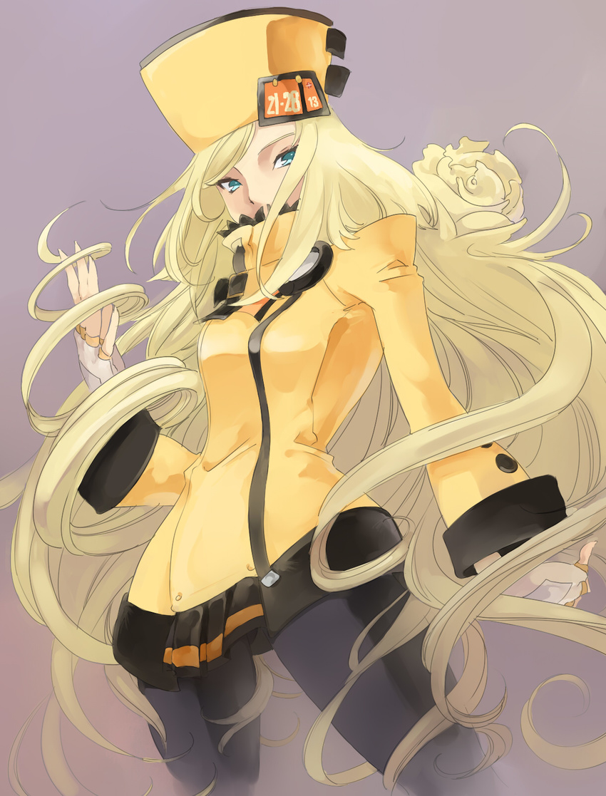 blonde_hair blue_eyes fingerless_gloves flower gloves guilty_gear guilty_gear_xrd hair_flower hair_ornament hat highres jacket kenshin187 long_hair millia_rage miniskirt orange_hat pantyhose prehensile_hair simple_background skirt solo very_long_hair