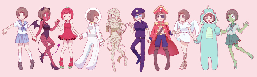 alternate_costume angel angel_wings astronaut bandages blue_skirt brown_eyes brown_hair coat cosplay demon_girl demon_tail demon_wings dress eyepatch fishnet_pantyhose fishnets food food_print fruit green_skin hat helmet highres holding_hands horns kigurumi kill_la_kill mankanshoku_mako multiple_girls multiple_persona mummy mummy_costume pantyhose pirate pirate_costume pirate_hat police police_uniform policewoman rackety red_skin sandals school_uniform serafuku short_hair skirt smile spacesuit strawberry strawberry_print tail uniform wings zombie