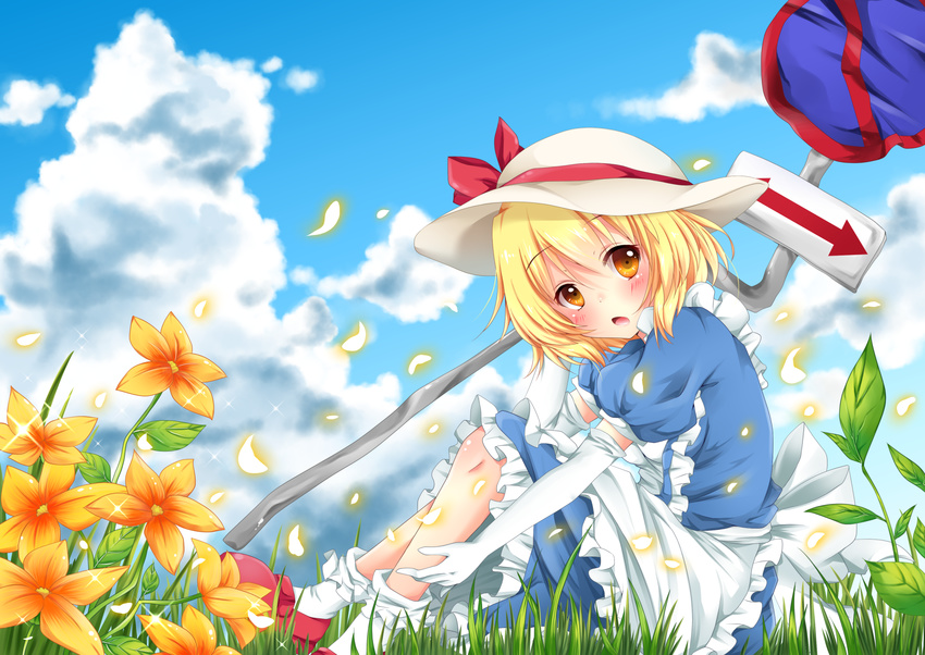 apron blonde_hair blue_dress blue_sky cloud day dress elbow_gloves flower gloves grass hat hat_ribbon highres kana_anaberal looking_at_viewer miy@ open_mouth outdoors puffy_sleeves ribbon road_sign short_sleeves sign sitting sky solo touhou touhou_(pc-98) white_background yellow_eyes