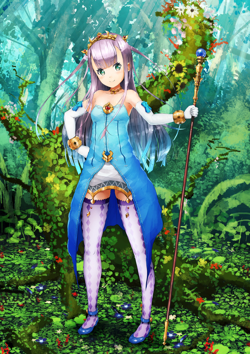 absurdres argyle argyle_legwear bad_id bad_pixiv_id bare_shoulders blue_footwear blue_hair blush day dress elbow_gloves flower forest full_body gloves gradient_hair green_eyes hand_on_hip highres holding jean_popo jewelry long_hair looking_at_viewer multicolored_hair nature necklace outbreak_company outdoors petralka_anne_eldant_iii purple_hair shoes solo staff standing thighhighs tiara tree white_gloves