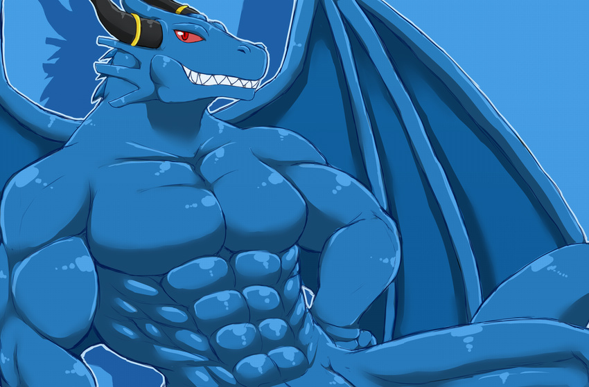 abs anthro biceps big_muscles blue_body blue_dragon blue_dragon_(character) blue_dragon_(series) blue_skin dragon fangs grin horn invalid_tag jewelry looking_at_viewer male muscles nude pecs plain_background pose red_eyes reptile ring ryuukikeito scales scalie smile solo teeth toned wings