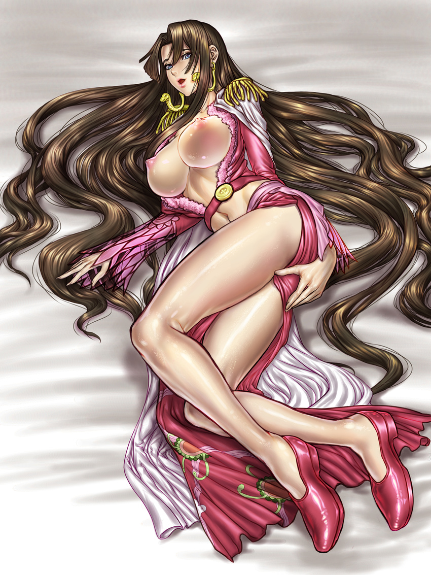 amazon blue_eyes boa_hancock breasts brown_hair cape center_opening earrings epaulettes highres jewelry large_breasts long_hair long_sleeves looking_at_viewer lying midriff navel nipples one_piece shiny shiny_skin side_slit snake_earrings solo trickster_(artist) very_long_hair
