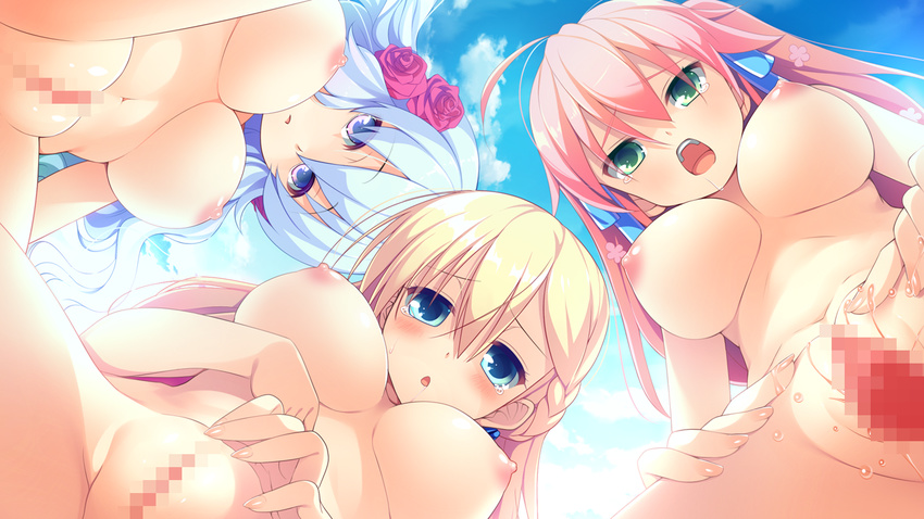 azumaya_ruruka blonde_hair blue_eyes blue_hair breasts censored game_cg green_eyes kimi_to_boku_to_no_kishi_no_hibi_(kimikishi) navel nipples nude pink_hair piriri! pussy saionji_kei vivian_le_alferia