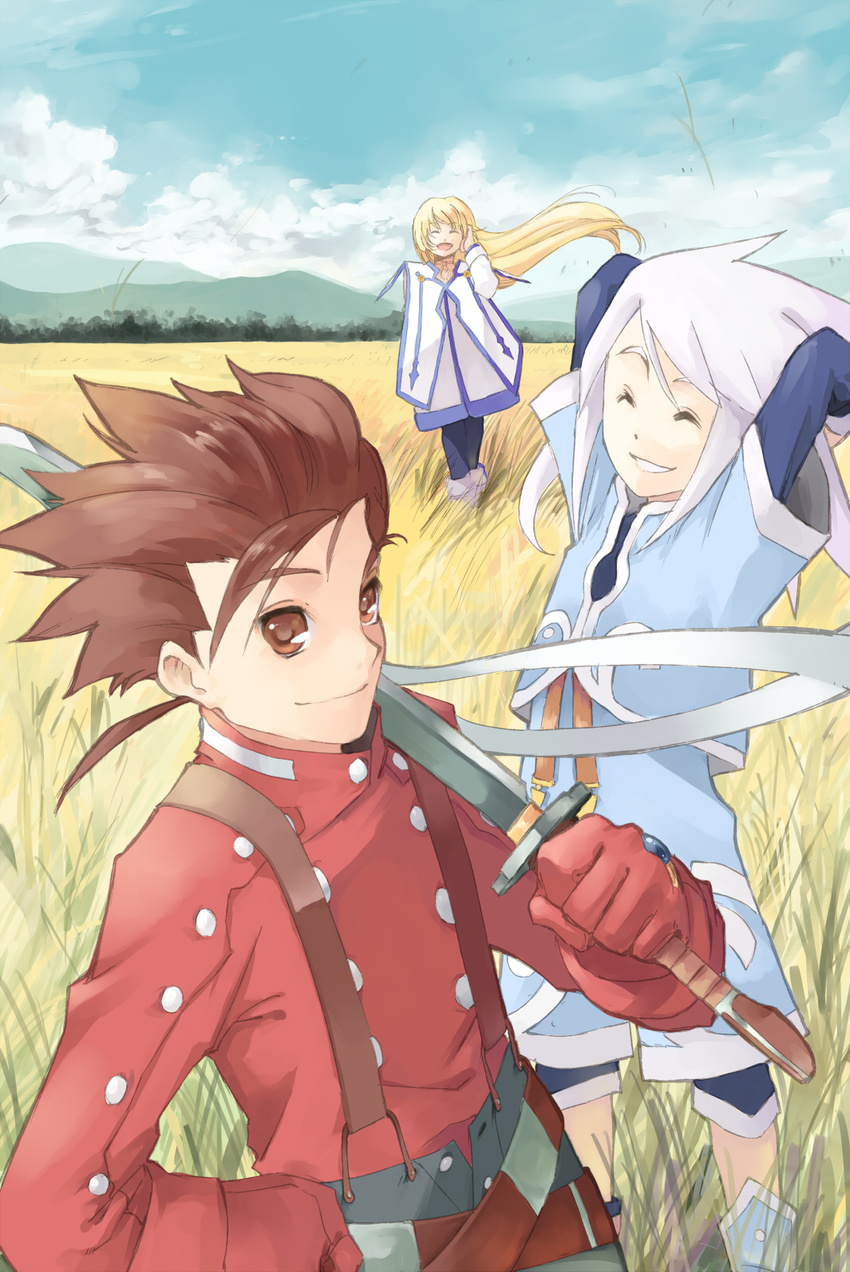 2boys blonde_hair brown_hair cape closed_eyes collet_brunel field genius_sage happy highres kenshin187 lloyd_irving long_hair multiple_boys over_shoulder pantyhose red_shirt shirt suspenders sword sword_over_shoulder tales_of_(series) tales_of_symphonia weapon weapon_over_shoulder white_hair