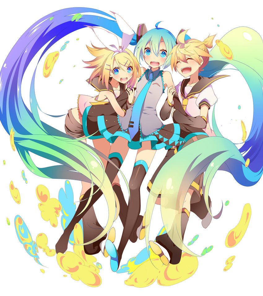 hatsune hatsune_miku kagamine_len kagamine_rin temari_(artist) thighhighs vocaloid