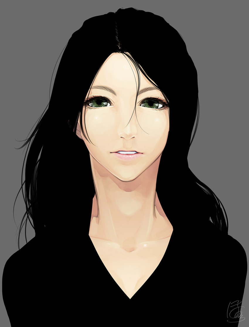black_hair collarbone commentary_request eyelashes green_eyes grey_background hair_strand highres lips long_hair looking_at_viewer original parted_lips pink_lips poaro realistic signature simple_background solo upper_body v-neck