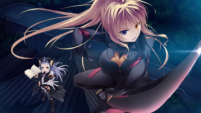 2girls absurdres blonde_hair bodysuit book breasts chobipero game_cg heterochromia highres jumping large_breasts looking_at_viewer multiple_girls open_mouth ponytail red_eyes rooftop serious shin_shirogane_no_soleil_reanswer standing sword weapon