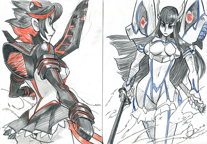 2girls alex_ahad ass black_hair blue_eyes boots breasts cleavage_cutout elbow_gloves gloves junketsu katana kill_la_kill kiryuuin_satsuki large_breasts long_hair marker_(medium) matoi_ryuuko multicolored_hair multiple_girls navel red_hair revealing_clothes scabbard scissor_blade senketsu sheath short_hair suspenders sword thigh_boots thighhighs traditional_media two-tone_hair underboob weapon