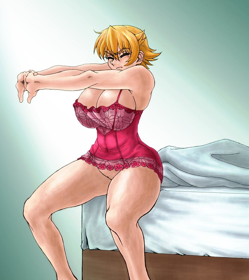 bare_shoulders bed blonde_hair breasts closed_eyes feet_out_of_frame highres huge_breasts igawa_sakura lingerie negligee short_hair sitting solo stretch taimanin_(series) taimanin_asagi thighs underwear waking_up wrato