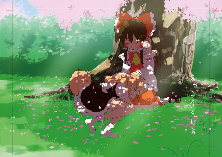 animal_ears ascot bare_shoulders black_dress blonde_hair bobby_socks bow brown_hair cat_ears cat_tail cherry closed_eyes dappled_sunlight detached_sleeves dress ema20 food fruit grass hair_bow hair_tubes hakurei_reimu hand_on_head kemonomimi_mode kirisame_marisa lap_pillow long_sleeves multiple_girls petals puffy_sleeves red_dress shadow short_sleeves sitting sleeping socks sunlight tail touhou tree wide_sleeves yuri