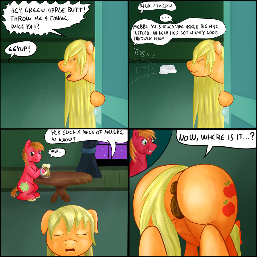 anus applejack_(mlp) big_macintosh_(mlp) blonde_hair brother brother_and_sister butt comic cutie_mark dialog drink duo english_text equine eyes_closed female feral freckles friendship_is_magic fur hair horse inside long_hair male mammal my_little_pony orange_fur orange_hair pony ponyway pussy red_fur sibling sister table text towel window