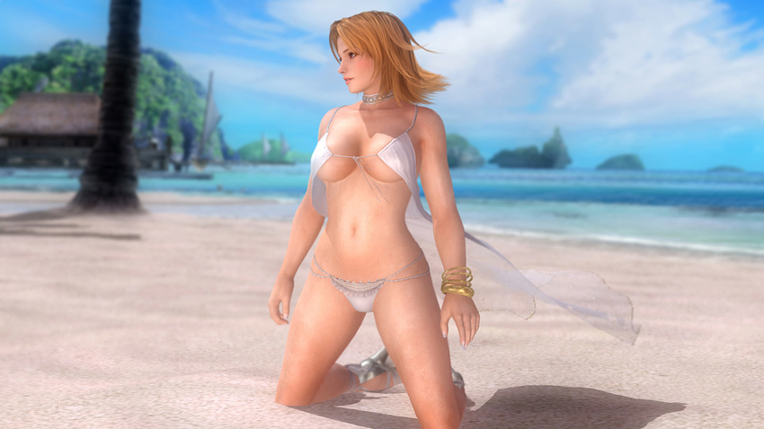 1girl 3d beach bikini blonde_hair blue_eyes breasts dead_or_alive dead_or_alive_5 jewelry large_breasts lots_of_jewelry necklace ocean official_art panties short_hair solo swimsuit tecmo tina_armstrong underwear water