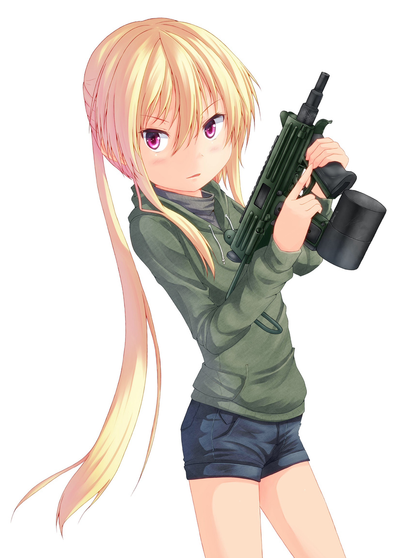 absurdres blonde_hair blush cbj-ms denim denim_shorts dreadtie drum_magazine gun highres jessica_jefferson long_hair original pink_eyes ponytail shorts sidelocks solo standing submachine_gun trigger_discipline very_long_hair weapon