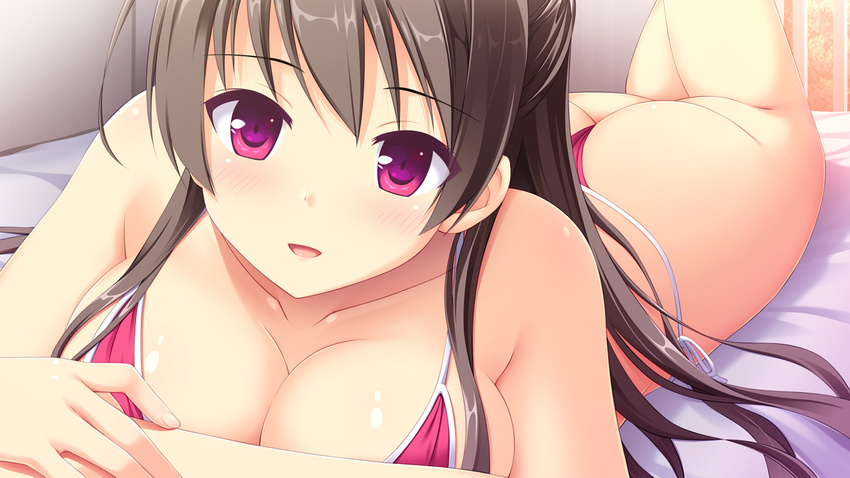 ass bad_id bad_yandere_id bikini blush breasts brown_hair cleavage collarbone foreshortening ichijou_aoi large_breasts long_hair looking_at_viewer lying melty_moment on_stomach parted_lips purple_eyes shiny shiny_skin side-tie_bikini smile solo swimsuit takayaki thong_bikini