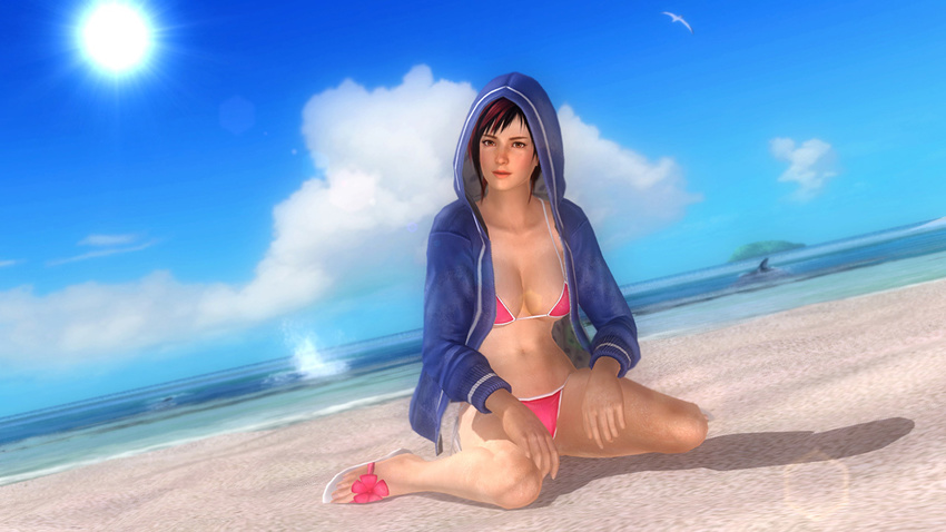 1girl 3d beach bikini breasts brown_eyes cleavage dead_or_alive dead_or_alive_5 mila_(dead_or_alive) mila_(doa) ocean red_hair sandals short_hair solo sweater swimsuit water