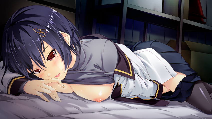 1girl absurdres areolae black_legwear blue_hair blush breast_press breasts chobipero game_cg highres large_breasts legs looking_down lying masturbation nipples no_bra on_stomach open_mouth red_eyes school_uniform shin_shirogane_no_soleil_reanswer shirt_lift short_hair skirt smile solo thighs