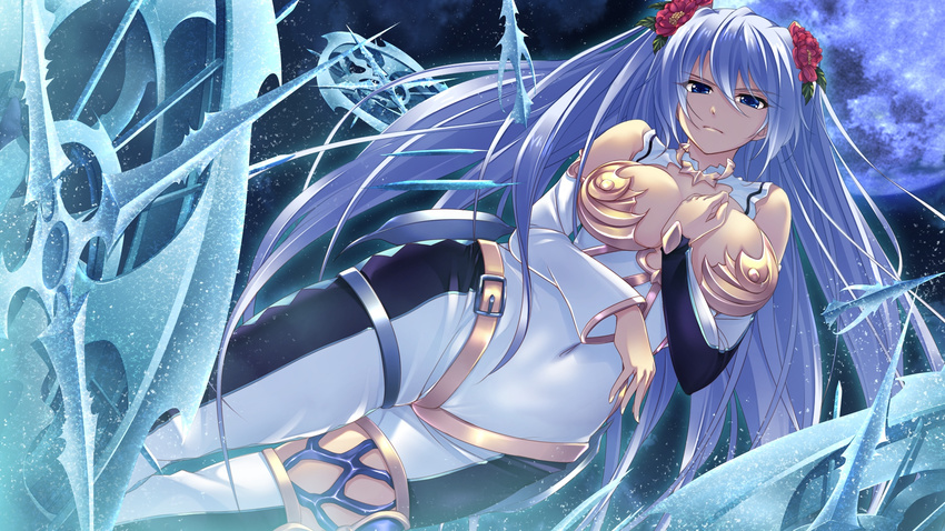 1girl absurdres bare_shoulders blue_eyes blue_hair breasts chobipero flower game_cg highres large_breasts legs long_hair looking_down magic moon night shin_shirogane_no_soleil_reanswer sky solo standing thighs