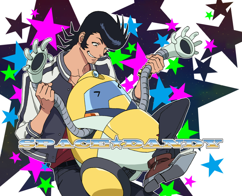 &gt;_&lt; arm_grab bad_id bad_pixiv_id banned_artist black_hair closed_eyes copyright_name dandy_(space_dandy) grin highres jacket ozaki_(nattohda) pompadour qt_(space_dandy) robot smile space_dandy star