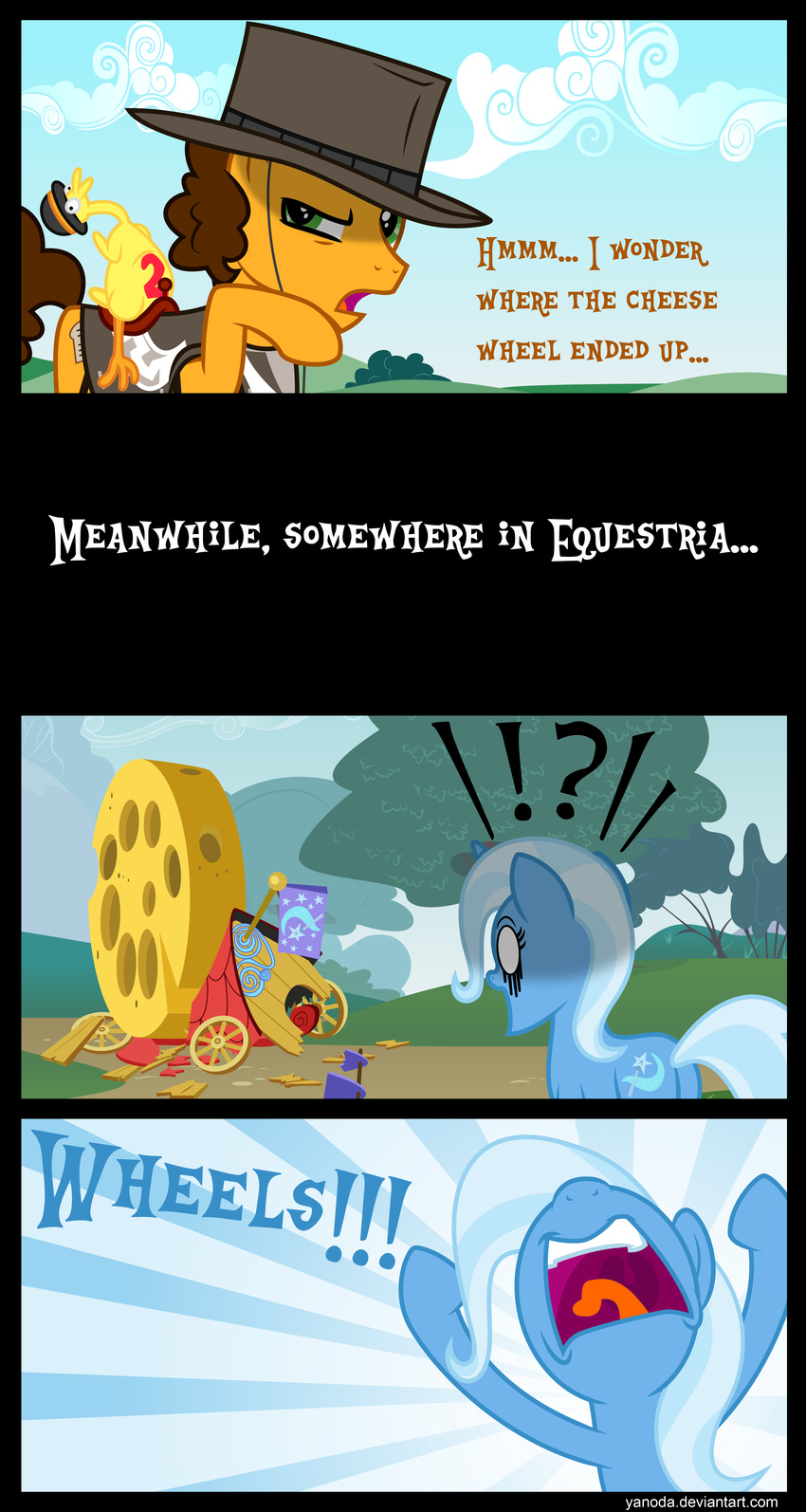 ?! absurd_res angry blue_hair boneless_(mlp) brown_hair bush caravan cheese cheese_sandwich_(mlp) cheese_wheel cloud comic cowboy_hat cutie_mark dialog english_text equine female friendship_is_magic green_eyes hair hat hi_res horse male mammal my_little_pony outside poncho pony saddle text tree trixie_(mlp) two_tone_hair upset wheel white_hair yanoda