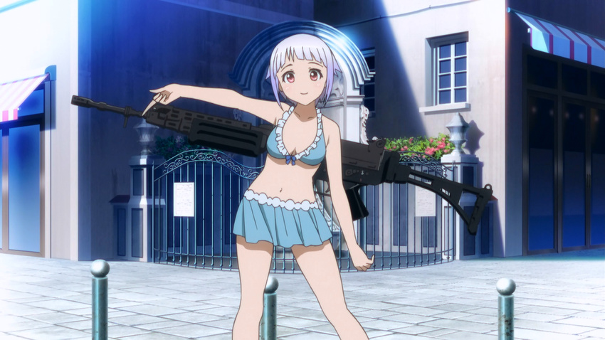 1girl bikini breasts fnc_(upotte!!) gun red_eyes screencap short_hair silver_hair solo swimsuit upotte!!