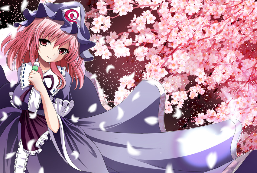 :d bad_id bad_pixiv_id breasts cherry_blossoms dango food hat highres japanese_clothes large_breasts long_sleeves obi open_mouth petals pink_eyes pink_hair ribbon saigyouji_yuyuko sash short_hair smile solo touhou tree triangular_headpiece wagashi wide_sleeves zelf