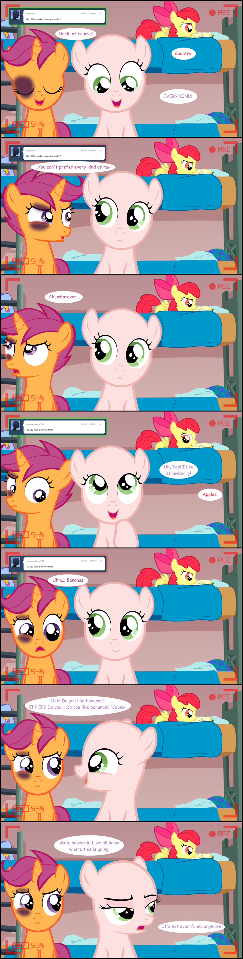 bald bed black_eye bow comic cutie_mark_crusaders_(mlp) equine female feral friendship_is_magic horn horse jananimations mammal my_little_pony pegasus pony scootaloo_(mlp) shiner smile sweetie_belle_(mlp) tumblr unicorn wings young