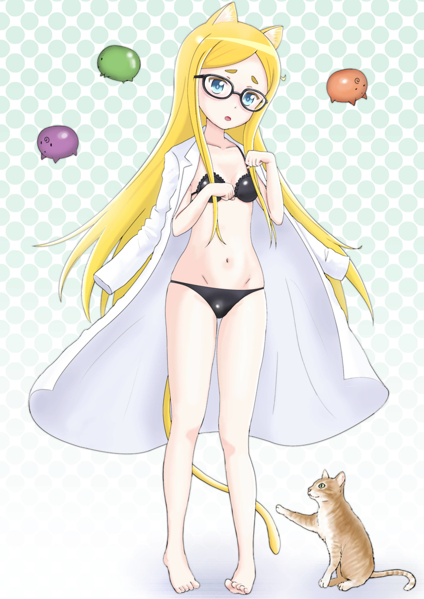 absurdres animal_ears barefoot black_bra black_gloves black_panties blonde_hair blue_eyes bra cat cat_ears cat_tail glasses gloves half_gloves highres kemonomimi_mode kurukuru_(sekai_seifuku) labcoat long_hair long_sleeves lowleg lowleg_panties natasha_(sekai_seifuku) navel panties paw_pose polka_dot polka_dot_background sekai_seifuku:_bouryaku_no_zvezda solo tail telaform underwear