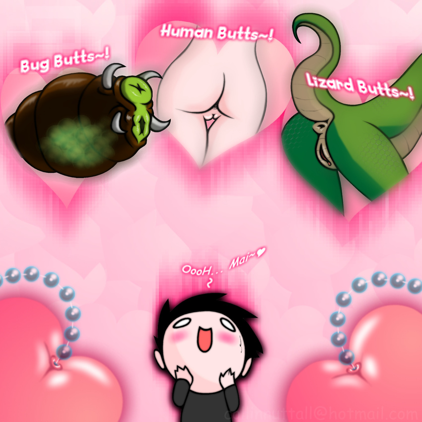 &lt;3 abdomen anus arthropod black_hair blush butt claws female green_body hair human insect lizard looking_up male mammal open_mouth pussy raised_tail reptile scalie slushy text