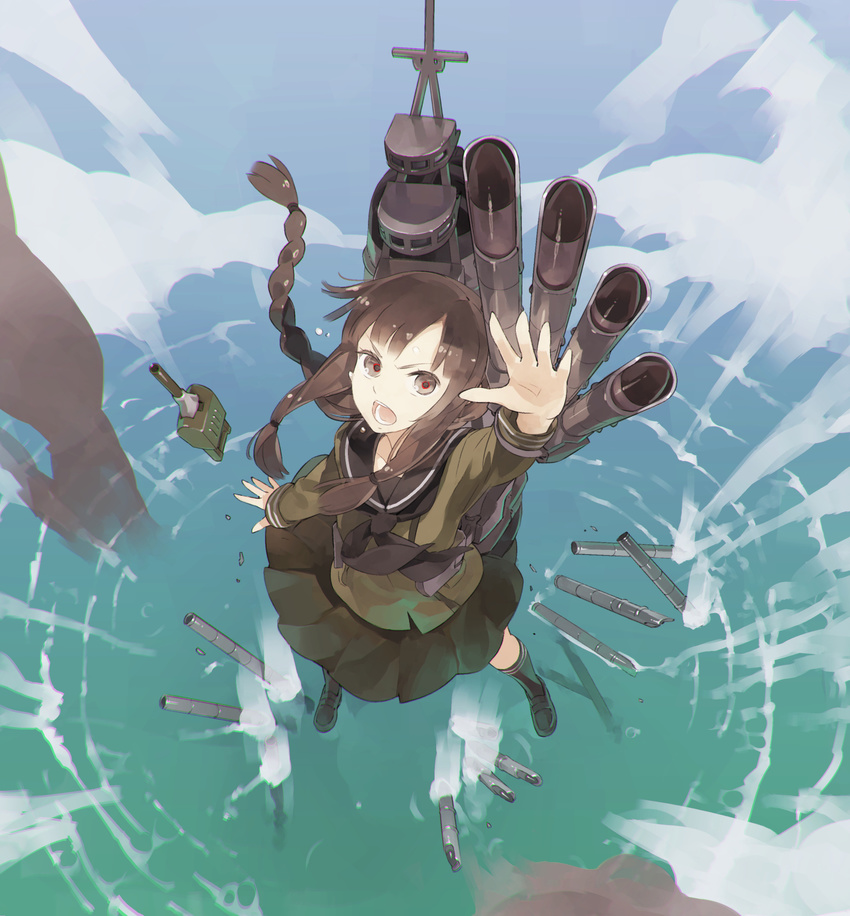 bangs black_hair blunt_bangs blush braid brown_hair cannon highres kantai_collection kitakami_(kantai_collection) long_hair looking_up ocean open_mouth pleated_skirt red_eyes revision school_uniform serafuku shihou_(g-o-s) sidelocks skirt torpedo tube turret water_drop