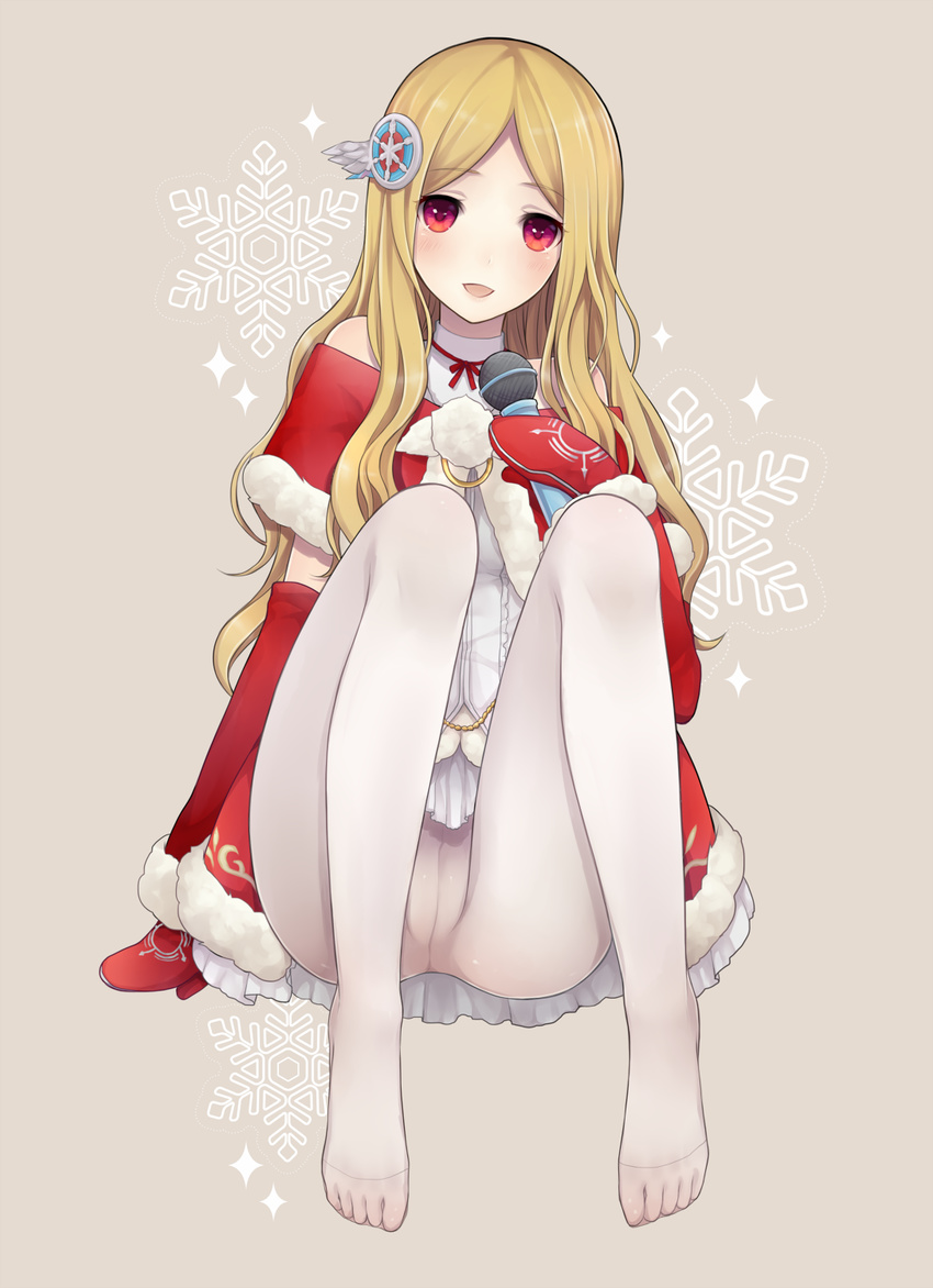 blonde_hair blush cameltoe christmas crotch_seam feet highres hinaame idolmaster idolmaster_cinderella_girls long_hair microphone mittens mochizuki_hijiri no_shoes pantyhose red_eyes santa_costume smile snowflakes solo toes white_legwear