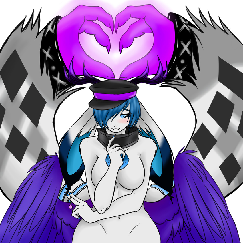 absurd_res alpha_channel antlers bell bell_collar big_ears black_markings blue_hair blue_nails blush bracelet butt_wings collar cute female floppy_ears fluff fluffy fur hair hair_over_eye hand_heart hands hat hi_res horn jewelry keeper love markings navel nude plain_background purple_feathers rhine rhine_ruhime shy smile transparent_background unusual_anatomy white_fur wide_hips wings