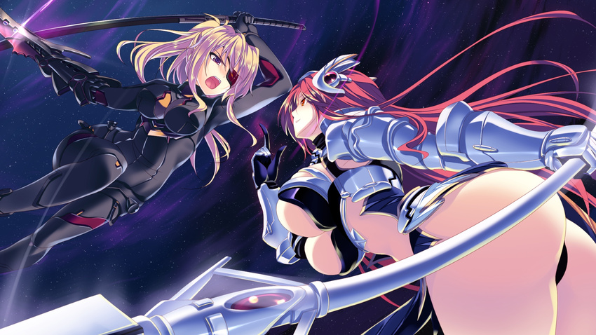 2girls absurdres armor ass blonde_hair breasts chobipero eyepatch fighting game_cg highres jumping large_breasts legs long_hair looking_down looking_up multiple_girls open_mouth ponytail red_eyes red_hair shin_shirogane_no_soleil_reanswer simple_background smile standing sword thighs weapon