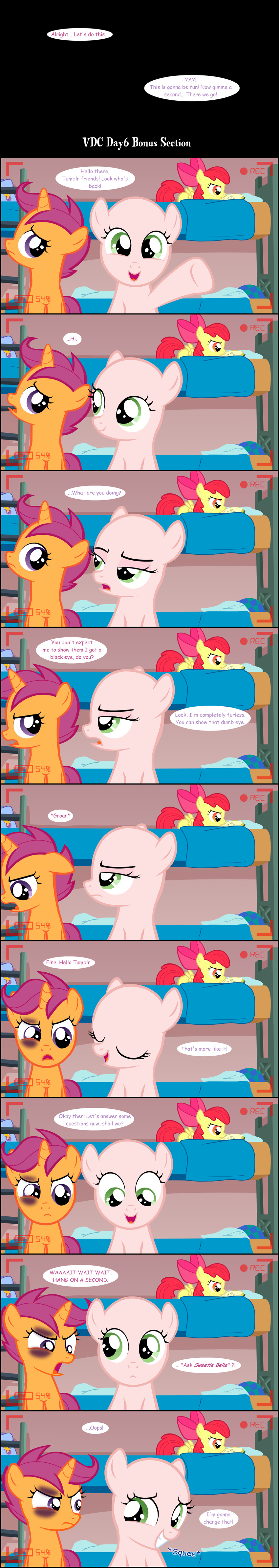 bald bed black_eye bow comic cutie_mark_crusaders_(mlp) equine female feral friendship_is_magic horn horse jananimations mammal my_little_pony pegasus pony sad scootaloo_(mlp) shiner smile sweetie_belle_(mlp) tumblr unicorn wings young