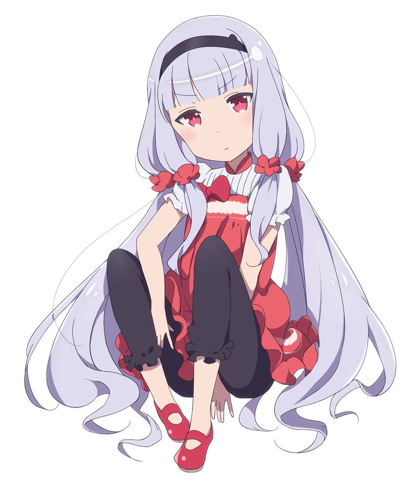 absurdres bangs blouse blunt_bangs capri_pants full_body hairband highres hoshimiya_kate hotechige long_hair mary_janes pants red_eyes scrunchie sekai_seifuku:_bouryaku_no_zvezda shoes short_sleeves silver_hair sitting solo very_long_hair white_background