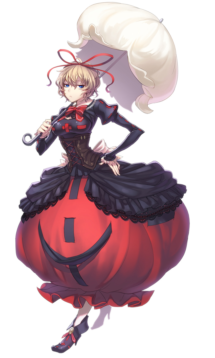 adapted_costume blonde_hair blue_eyes bow breasts bubble_skirt corset cross-laced_clothes doll frills hair_ribbon hand_on_own_head highres jitome juliet_sleeves kikugetsu lolita_fashion long_sleeves looking_at_viewer medicine_melancholy medium_breasts older parasol puffy_sleeves ribbon shirt short_hair simple_background skirt solo touhou umbrella white_background