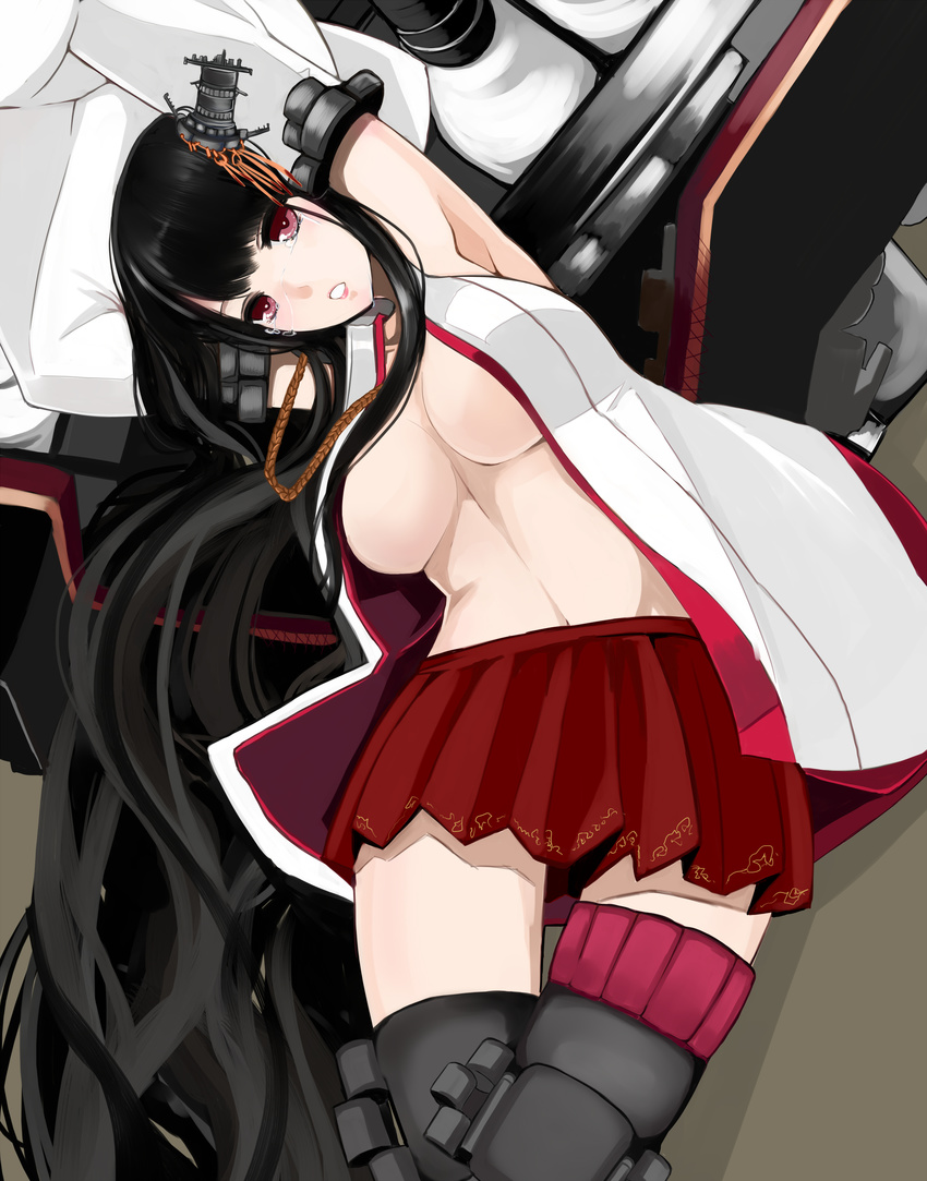 absurdres armpits baicha bare_shoulders black_hair black_legwear blush breasts crying crying_with_eyes_open detached_sleeves fusou_(kantai_collection) hair_ornament highres japanese_clothes kantai_collection large_breasts long_hair navel nontraditional_miko parted_lips red_eyes skirt solo tears thighhighs